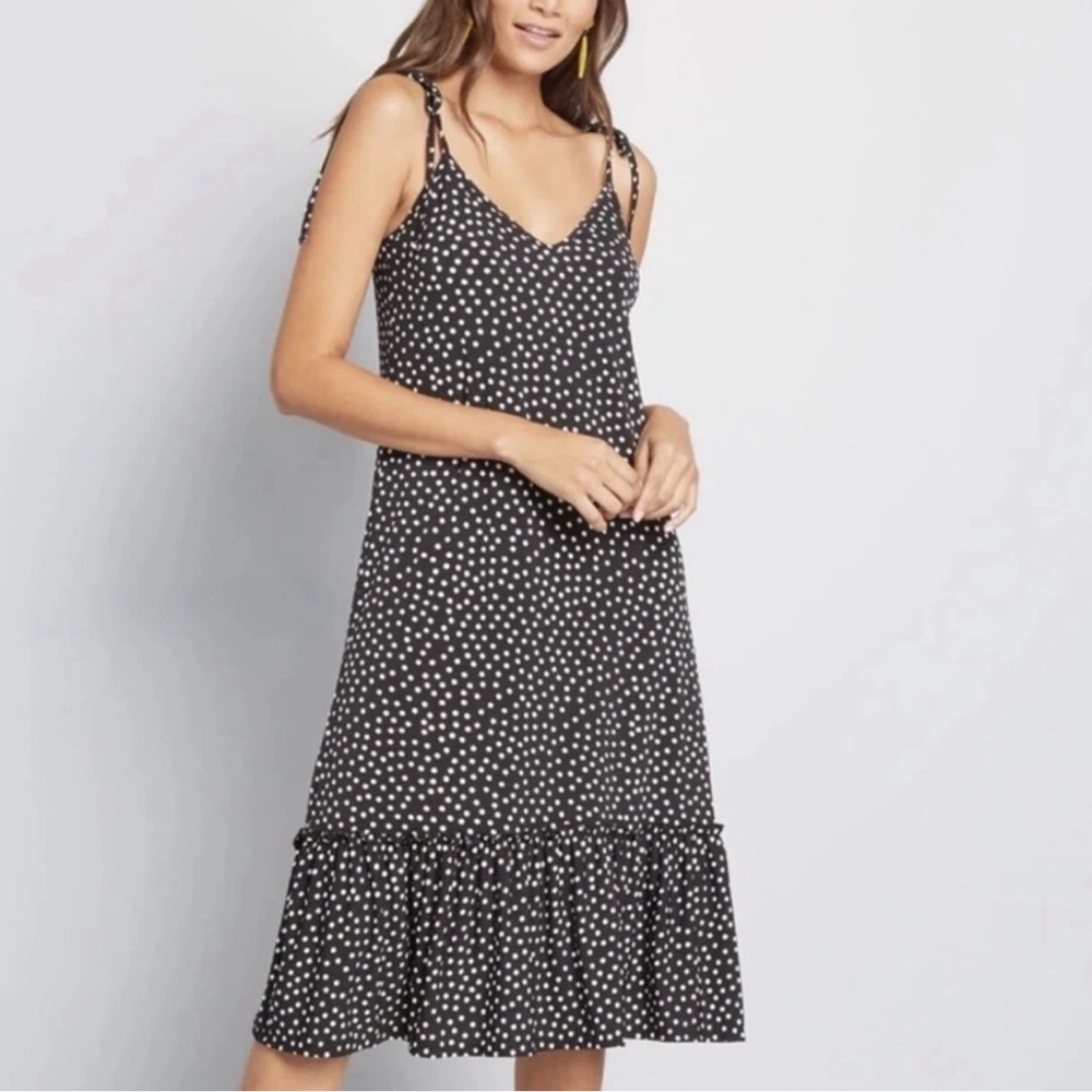 Modcloth Black Polka Dot It's a Go Tie Shoulder V Neck Ruffle Hem Midi Dress